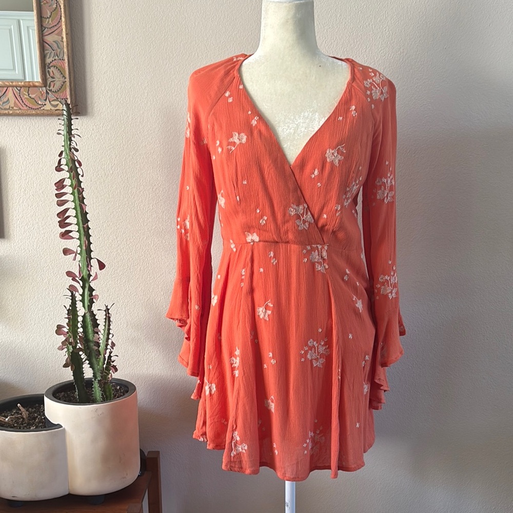 Free People Coral Floral Wrap Dress with Bell Sleeves